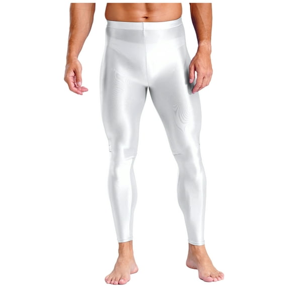 YiZYiF Men's Shiny Oil Leggings High Waist Stretchy Compression Pants Glossy Gym Fitness Underpants White L