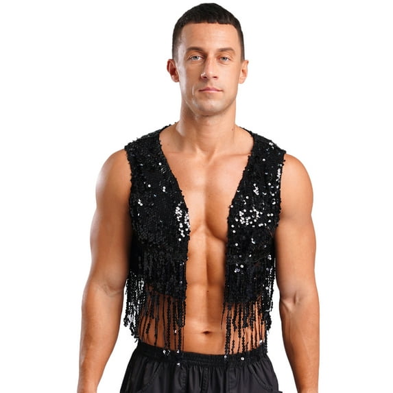 YiZYiF Men's Shiny Sequins Cropped Vest Top Sleeveless Cowboy Open Front Fringe Jacket Waistcoat Black XL