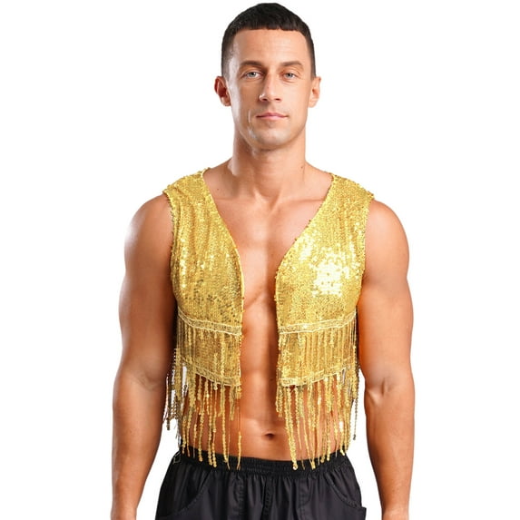 YiZYiF Men's Shiny Sequins Cropped Vest Top Sleeveless Cowboy Open Front Fringe Jacket Waistcoat Gold XL