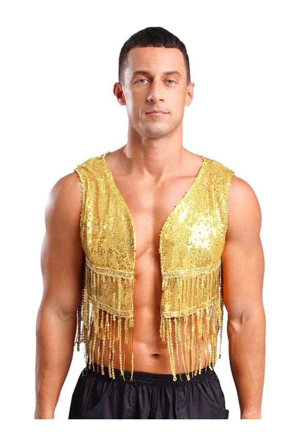 Men's Shiny Sequins Cropped Vest Top Sleeveless Cowboy Open Front Fringe Jacket Waistcoat Gold XL