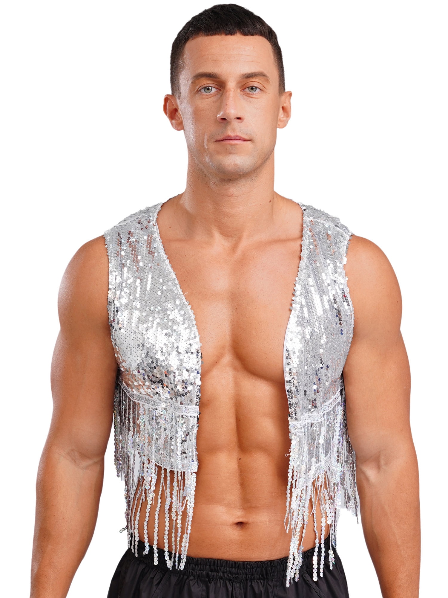 YiZYiF Men's Shiny Sequins Cropped Vest Top Sleeveless Cowboy Open