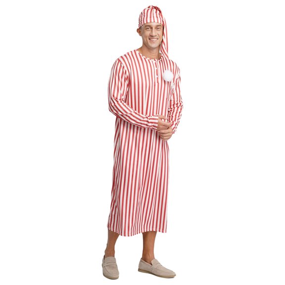 YiZYiF Men's Striped Loose Sleepwear Long Sleeve Sleep Robe Night Pajama Set with Sleeping Cap Red M