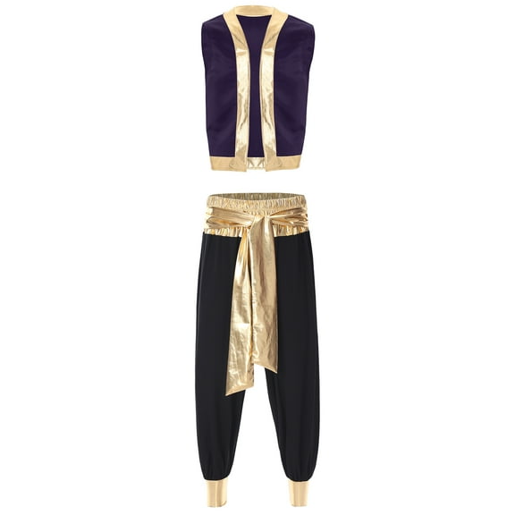 YiZYiF Mens Arabian Prince Toad Costume Genius Role Play Halloween Party Fancy Dress Up Vest with Pants Purple&Black M