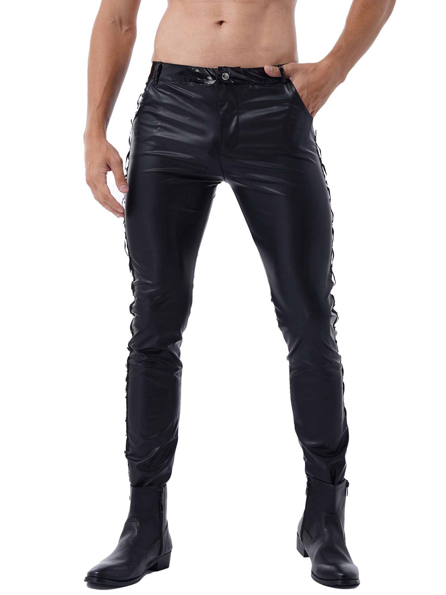 YiZYiF Mens Faux Leather Low Waist Shiny Pants for Nightclub Rock Band ...