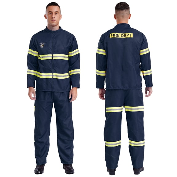 YiZYiF Mens Firefighter Costume Adults Fireman Cosplay Reflective Strips Jacket with Pants 4Pcs Sets Navy Blue L