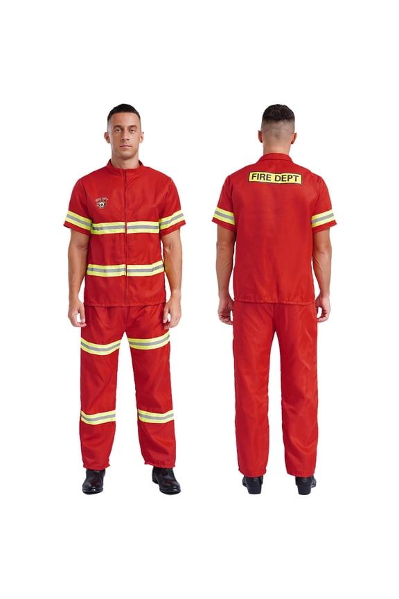 Mens Firefighter Costume Adults Fireman Cosplay Reflective Strips Jacket with Pants 4Pcs Sets Red Short Sleeve 160