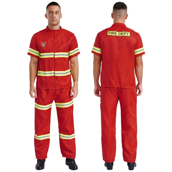 YiZYiF Mens Firefighter Costume Adults Fireman Cosplay Reflective Strips Jacket with Pants 4Pcs Sets Red Short Sleeve 180