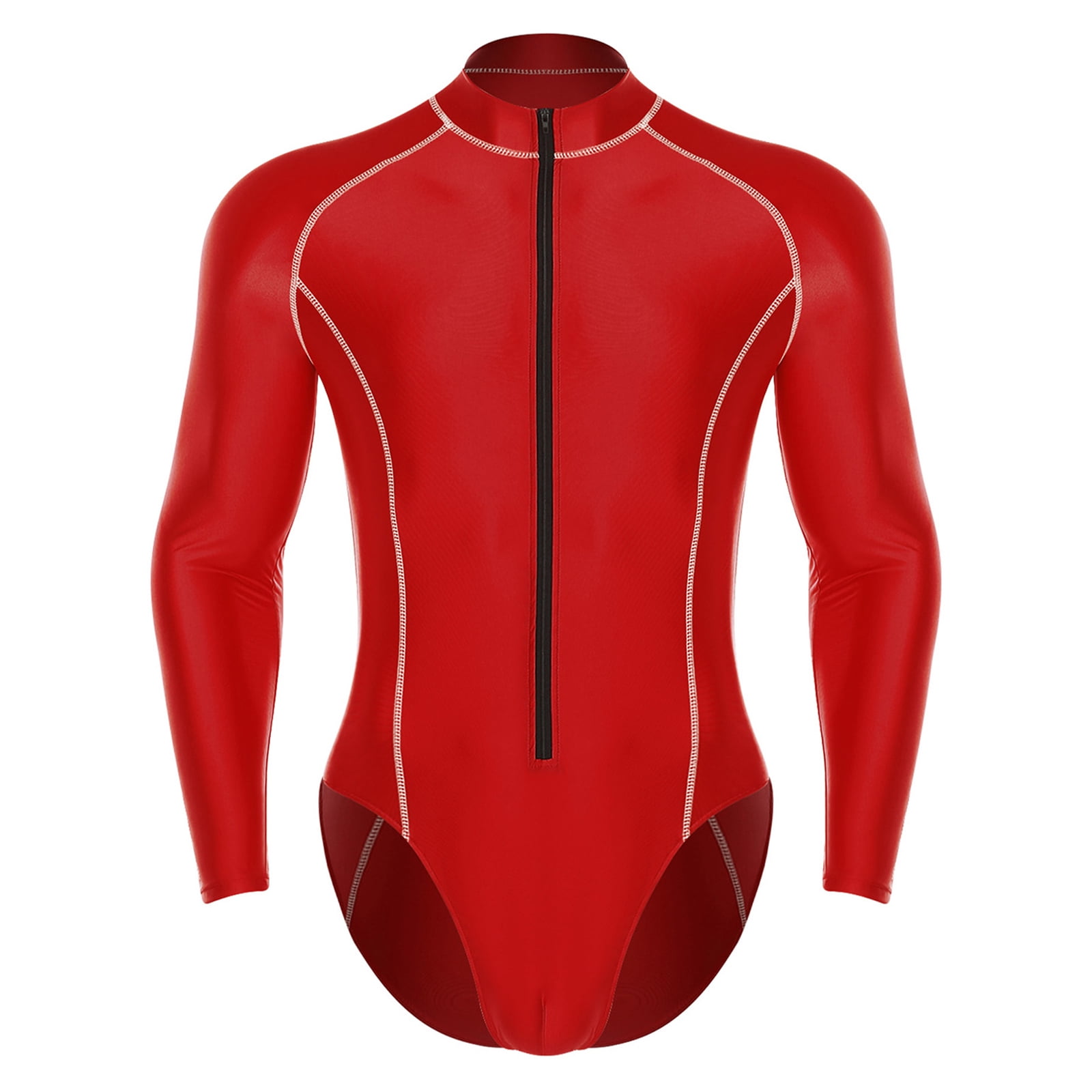 YiZYiF Mens Glossy One Piece Swimwear Bodysuit Zipper Front Long