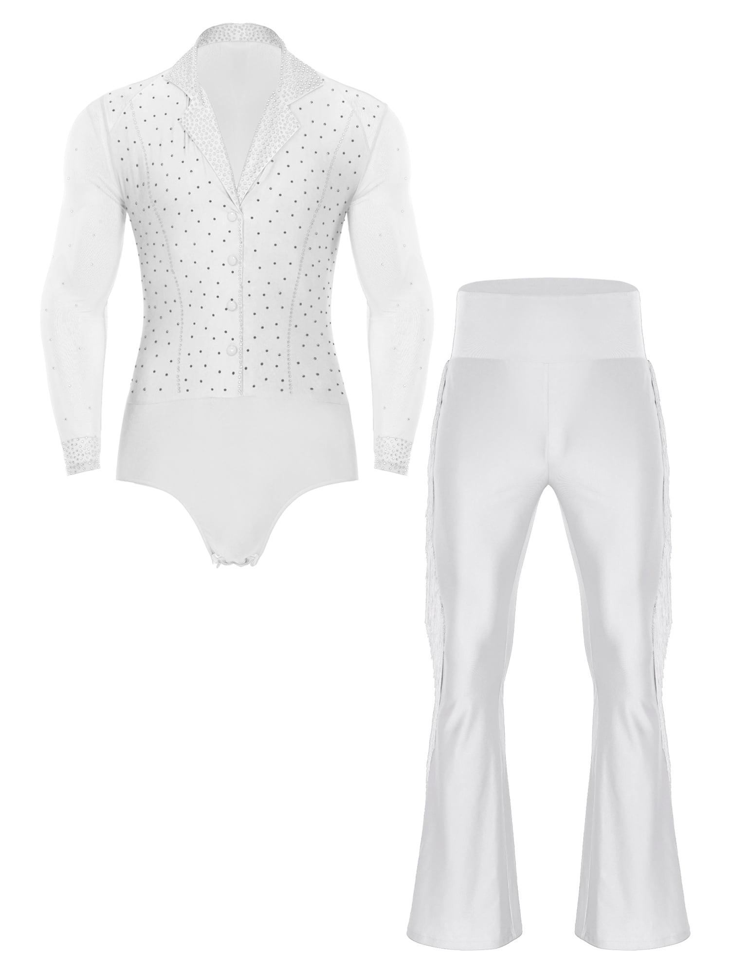 YiZYiF Mens Latin Tango Dance Outfits Sheer Mesh Rhinestone Leotard and