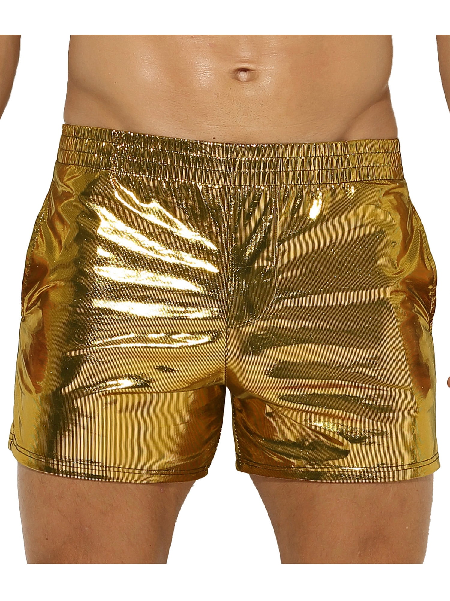 YiZYiF Mens Liquid Metallic Shorts Low Rise Faux Leather Pants with Pockets Pole  Dancing Hot Pants Gold XL 