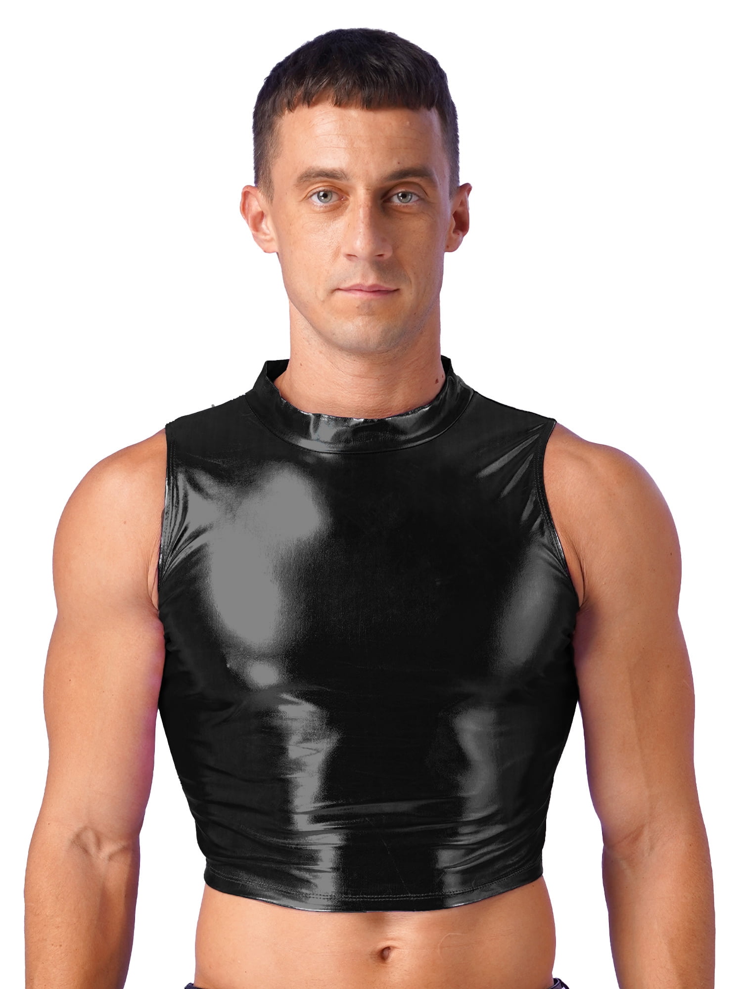 YiZYiF Mens Metallic Mock Neck Crop Top Faux Leather Vest