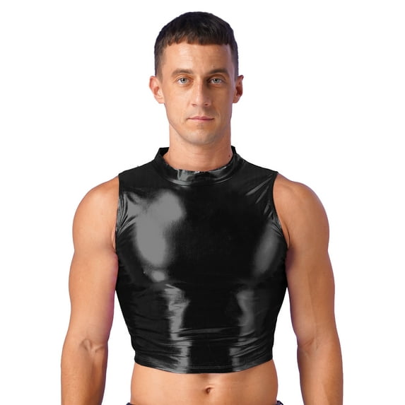 YiZYiF Mens Metallic Mock Neck Crop Top Faux Leather Vest Tops Gothic Punk Tank Top Black XL