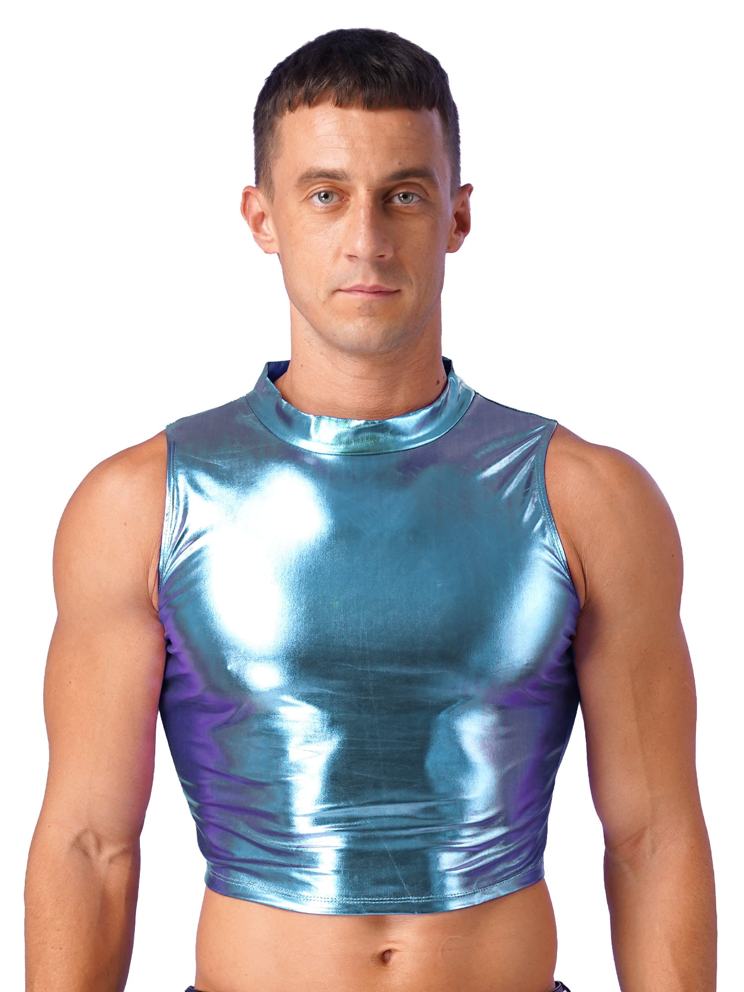 YiZYiF Mens Metallic Mock Neck Crop Top Faux Leather Vest YiZYiF Mens Metallic Mock Neck Crop Top Faux Leather Vest