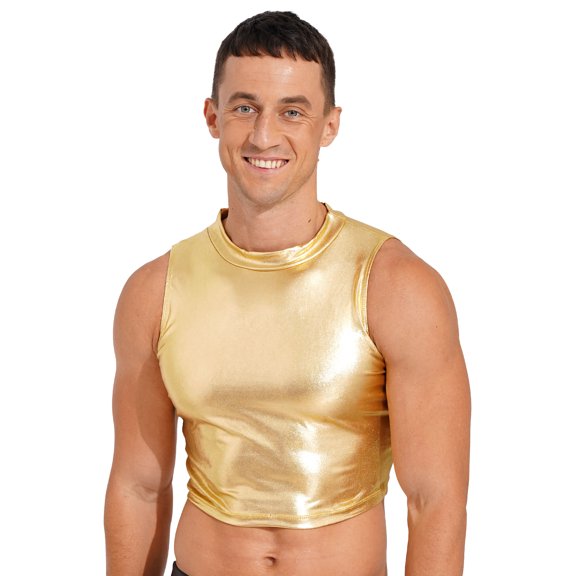 YiZYiF Mens Metallic Mock Neck Crop Top Faux Leather Vest Tops Gothic Punk Tank Top Gold XL