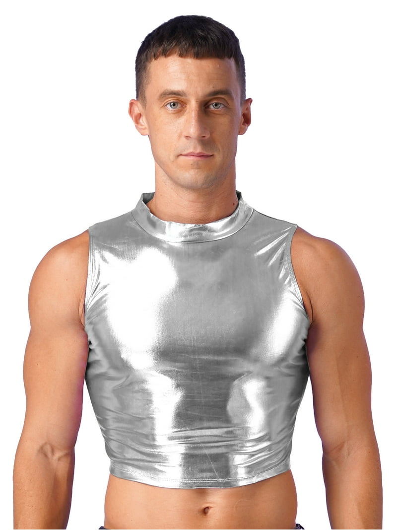 YiZYiF Mens Metallic Mock Neck Crop Top Faux Leather Vest Tops