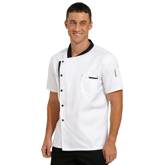 YiZYiF Mens Oblique Collar Chef Coat Jacket Short Sleeve Restaurant Kitchen Uniform Shirt Workwear White L