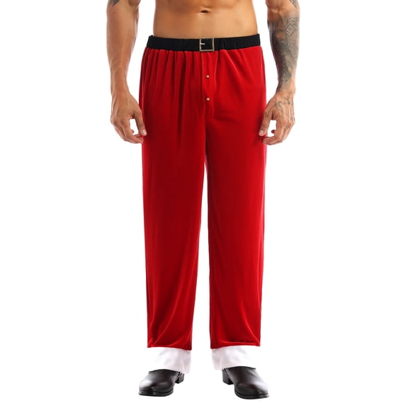 YiZYiF Mens Santa Claus Velvet Pants Loose Trousers Christmas Cosplay Costume Red XL
