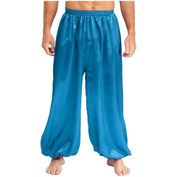YiZYiF Mens Satin Belly Dance Harem Pants Loose Fit Trousers Bloomers Arabian Prince Outfits Light Blue M