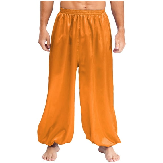 YiZYiF Mens Satin Belly Dance Harem Pants Loose Fit Trousers Bloomers Arabian Prince Outfits Orange XL