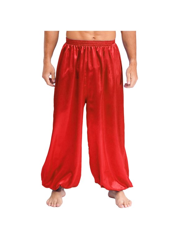 Mens Satin Belly Dance Harem Pants Loose Fit Trousers Bloomers Arabian Prince Outfits Red S