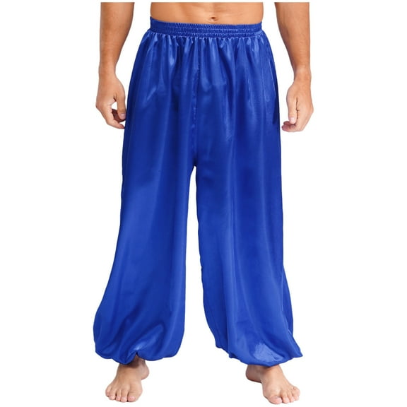 YiZYiF Mens Satin Belly Dance Harem Pants Loose Fit Trousers Bloomers Arabian Prince Outfits Royal Blue L
