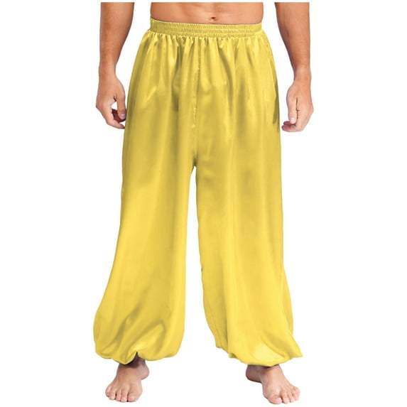 YiZYiF Mens Satin Belly Dance Harem Pants Loose Fit Trousers Bloomers Arabian Prince Outfits Yellow XL