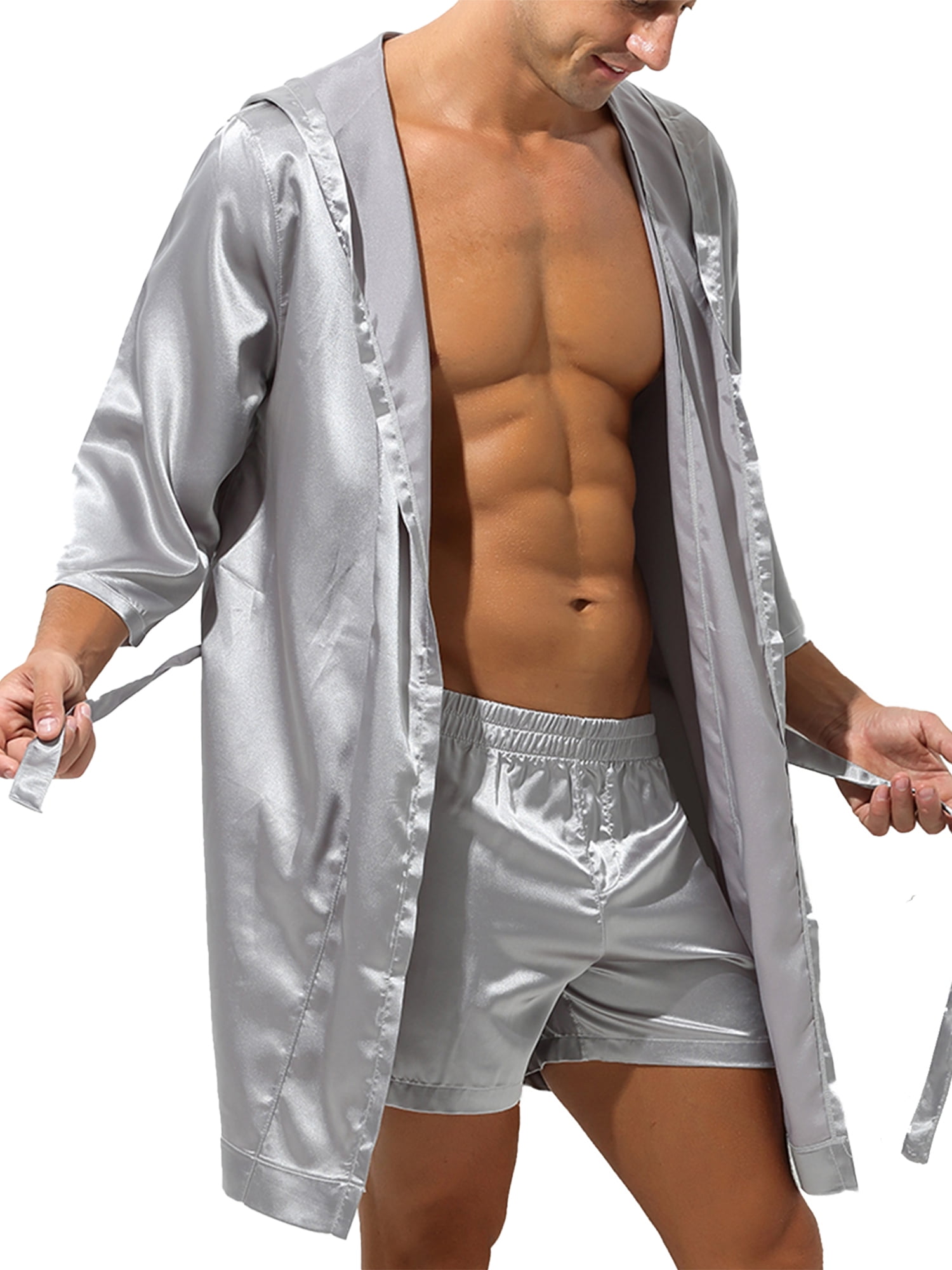 YiZYiF Mens Satin Hooded Kimono Robe Classic Silky Smooth Belted