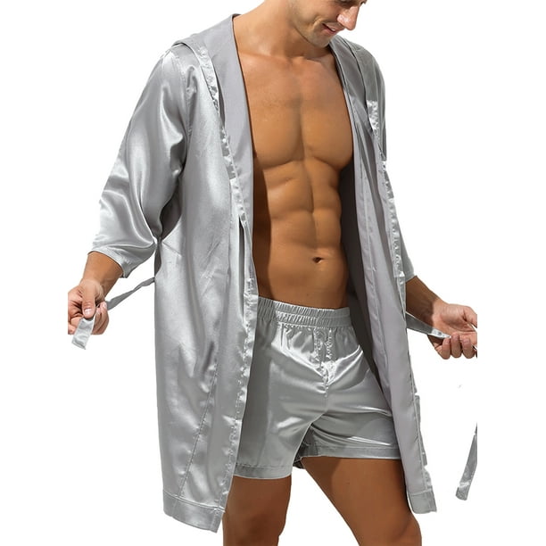 YiZYiF Mens Satin Hooded Kimono Robe Classic Silky Smooth Belted Bathrobe Lounge Wear Grey L