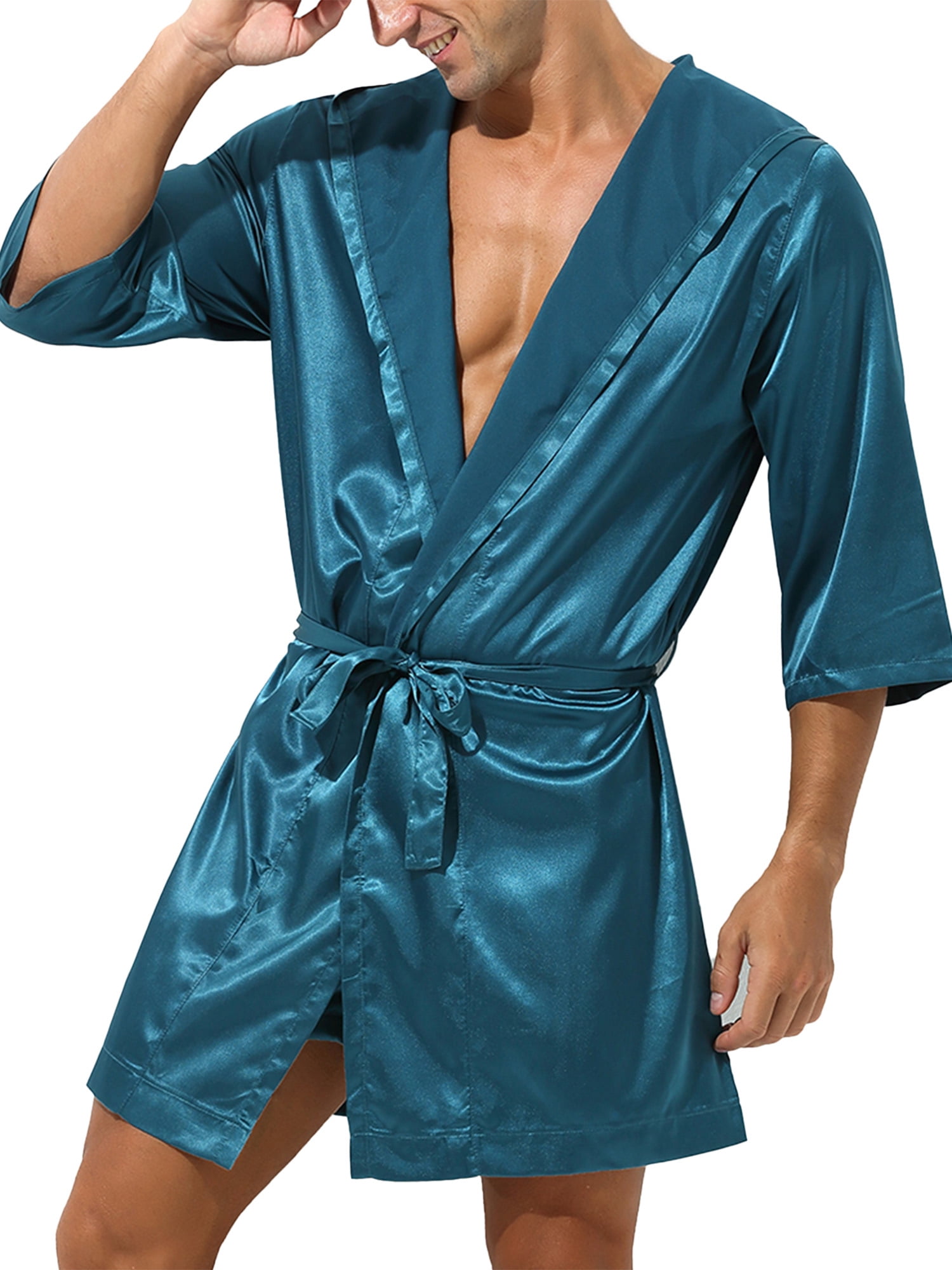 YiZYiF Mens Satin Hooded Kimono Robe Classic Silky Smooth Belted ...