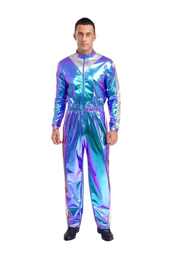 Mens Shiny Long Sleeve Elastic Waist Jumpsuit for Outer Space Alien Astronaut Cosplay Costume Blue L