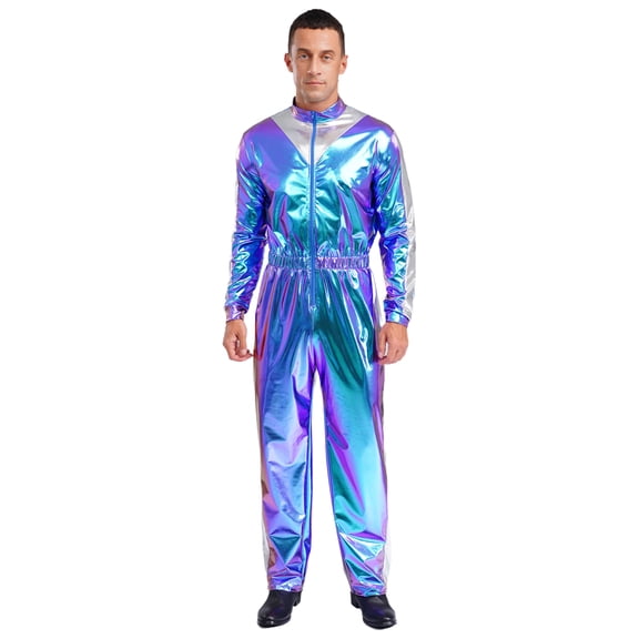 YiZYiF Mens Shiny Long Sleeve Elastic Waist Jumpsuit for Outer Space Alien Astronaut Cosplay Costume Blue M