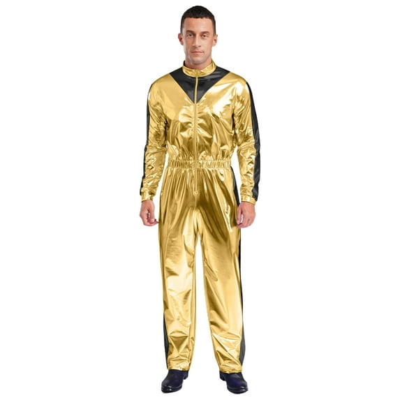 YiZYiF Mens Shiny Long Sleeve Elastic Waist Jumpsuit for Outer Space Alien Astronaut Cosplay Costume Gold 3XL