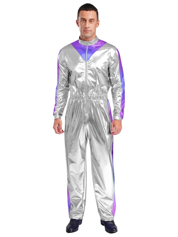 Mens Shiny Long Sleeve Elastic Waist Jumpsuit for Outer Space Alien Astronaut Cosplay Costume Silver L