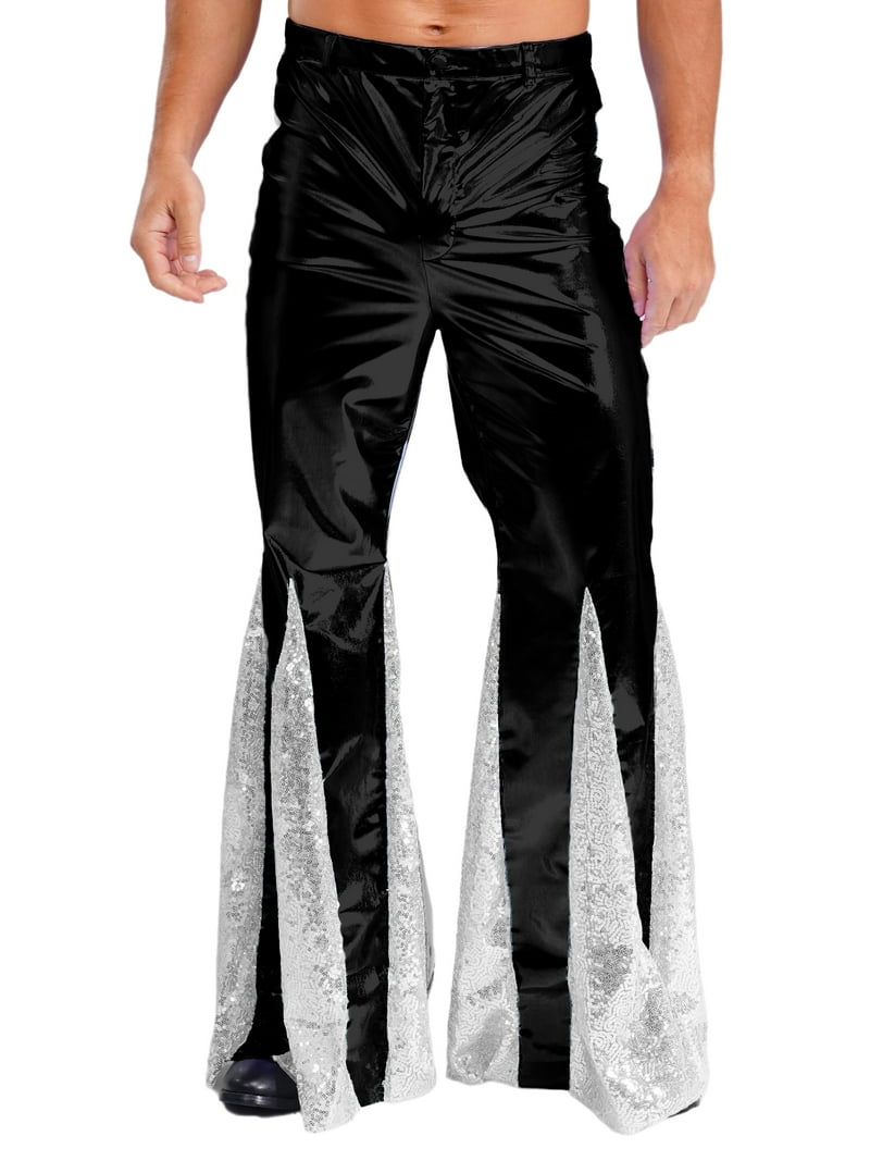 YiZYiF Mens Shiny Metallic 70s Disco Pants Hippie Costume Sequins Flared  Bell Bottoms Black S - Walmart.com, image size:800x1067
