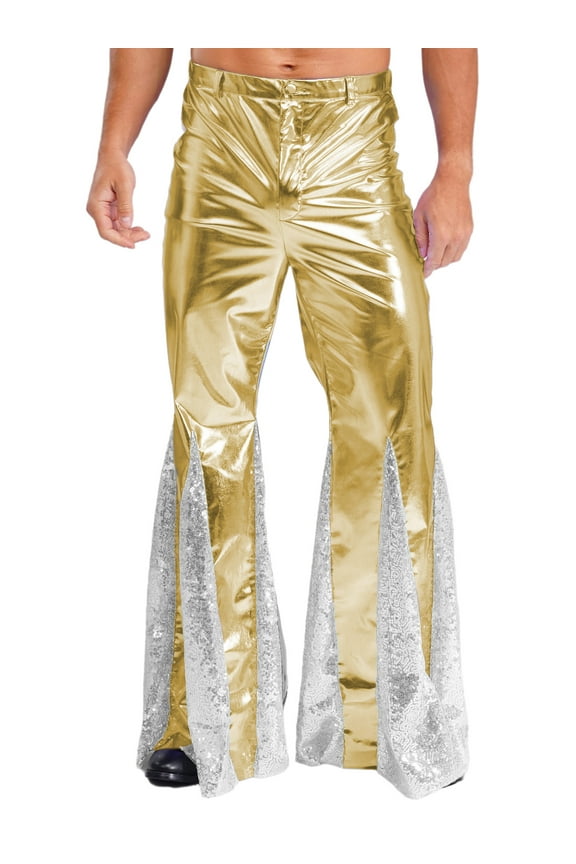 Mens Shiny Metallic 70s Disco Pants Hippie Costume Sequins Flared Bell Bottoms Gold XL