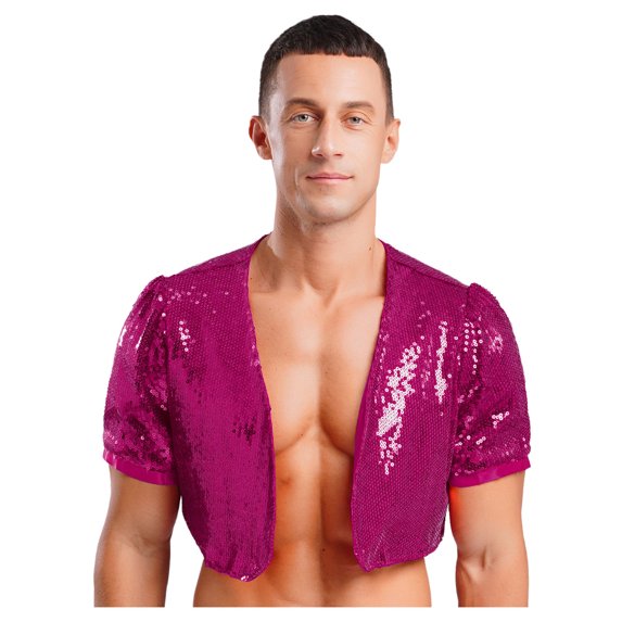YiZYiF Mens Shiny Sequin Open Front Waistcoat Short Sleeve Shiny Metallic Crop Bolero Jackets Hot Pink 3XL