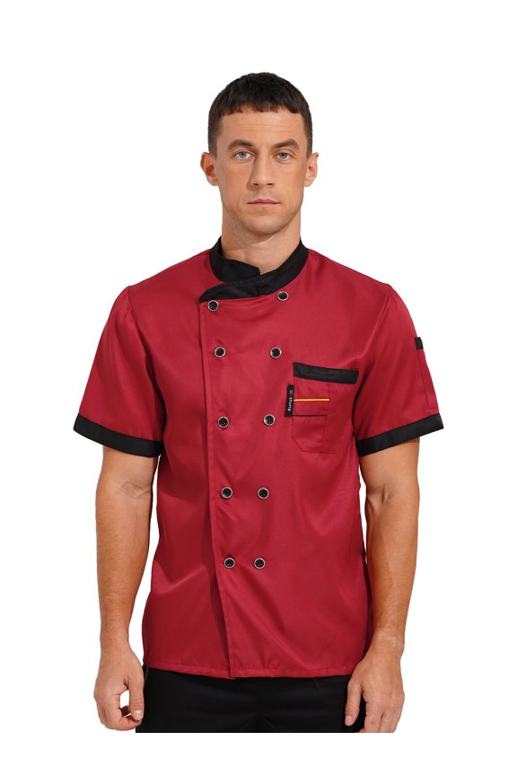 Mens Short Sleeve Chef Coat Bakery Jacket Double-Breasted Kitchen Chef Uniform Burgundy XXL