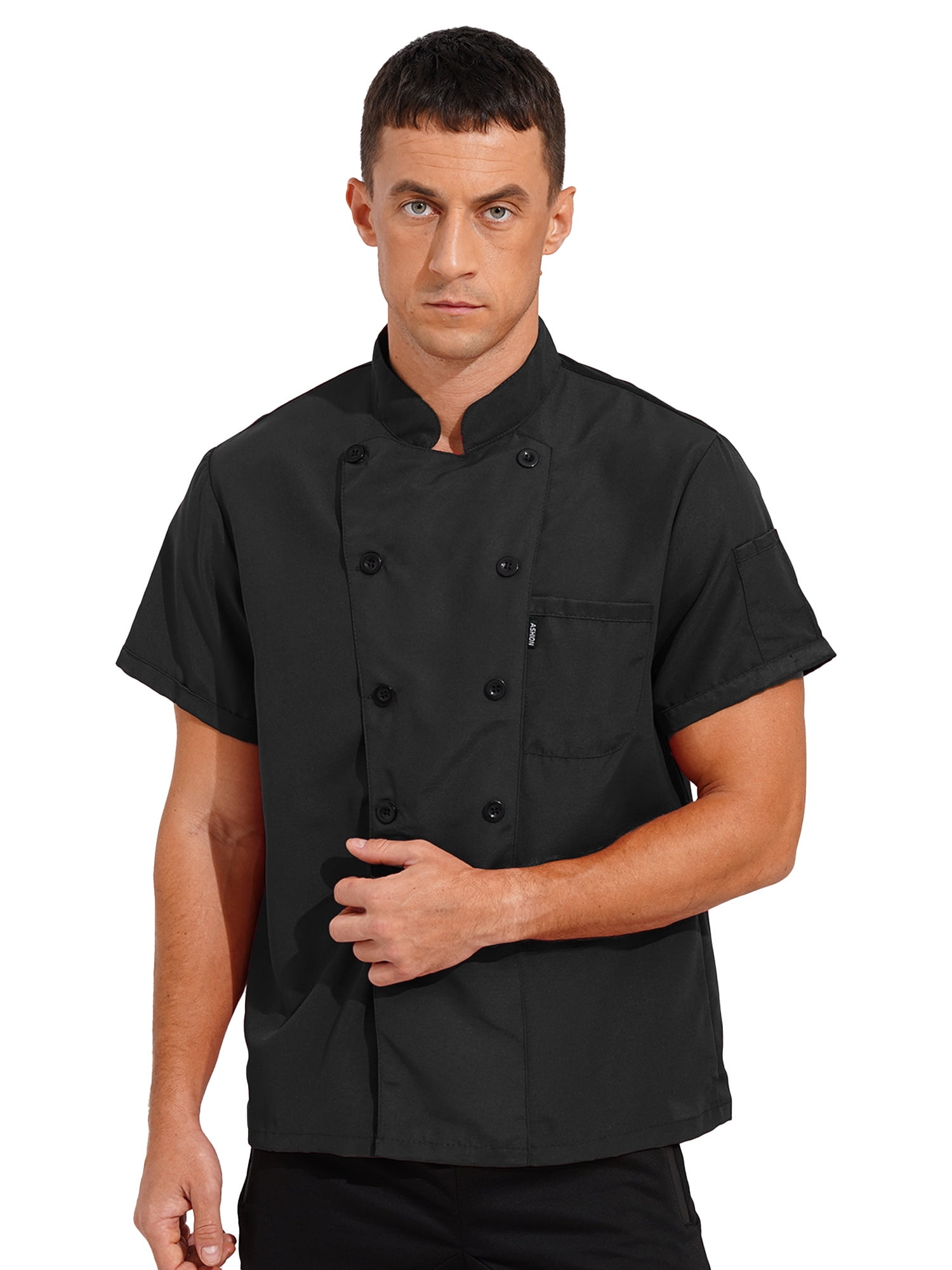 Black Short Sleeve Double-Breasted Chef Coat with Pearl Buttons