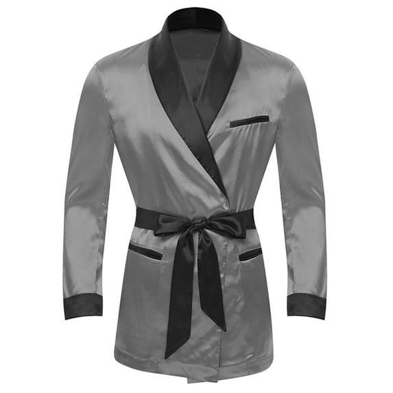 YiZYiF Mens Smoking Robe Jacket Lapel Long Sleeve Satin Kimono Bathrobe with Belt Nightwear Gray S