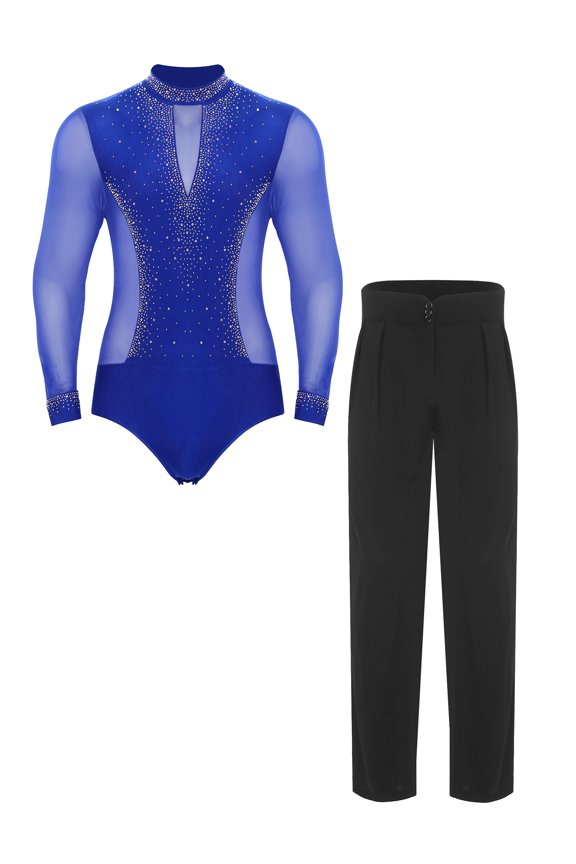 Mens Sparkly Rhinestone Latin Dance Leotard with Pants 2- Piece Figure Skating Dancing Set Blue L