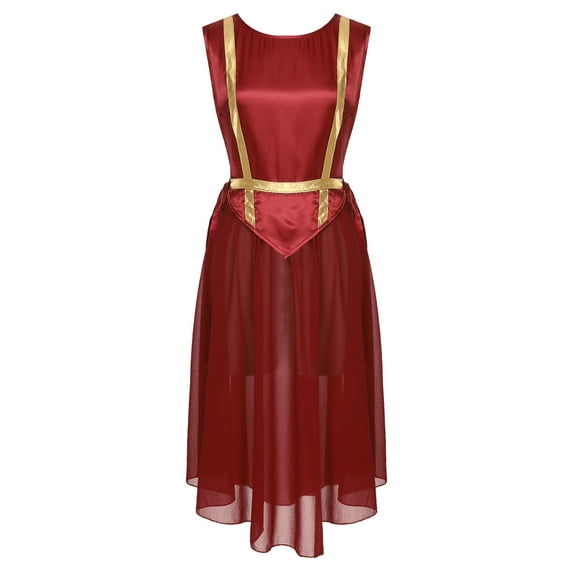 YiZYiF Praise Dance Tunic for Women Liturgical Dancewear Sleeveless Round Neck Overlays Worship Dress Burgundy XXL