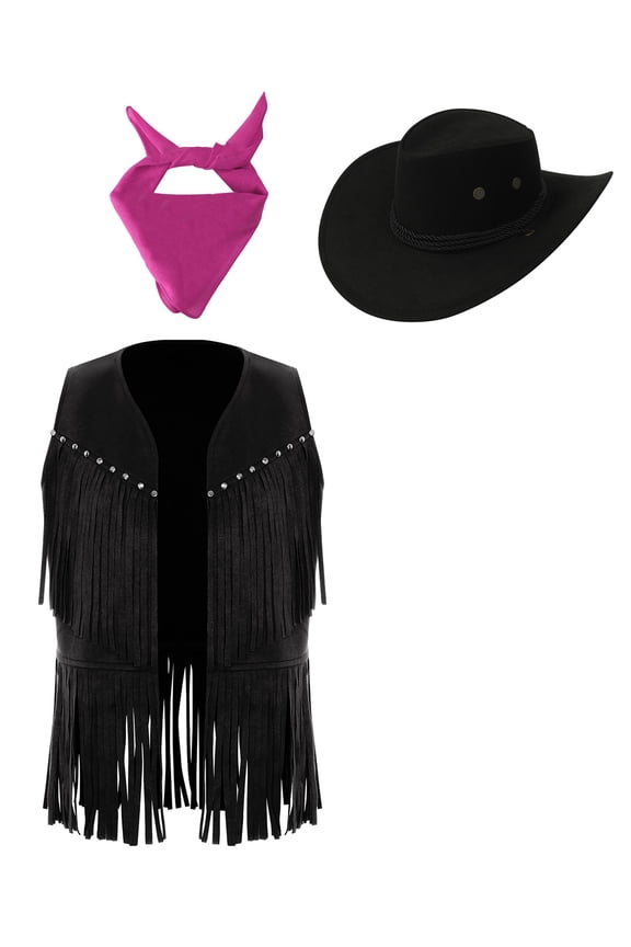 Unisex Cowboy Cowgirl Outfit Set for Halloween Western Party Rivets Fringe Vest and Hat Scarf Black Hot Pink 12