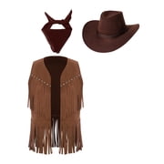 YiZYiF Unisex Cowboy Cowgirl Outfit Set for Halloween Western Party Rivets Fringe Vest and Hat Scarf Dark Brown 10