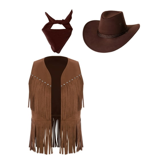 YiZYiF Unisex Cowboy Cowgirl Outfit Set for Halloween Western Party Rivets Fringe Vest and Hat Scarf Dark Brown 8