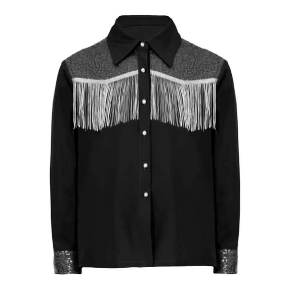 YiZYiF Western Cowgirl Costume for Girls Retro Tassel Shirt Long Sleeve Sequin Button Down Blouse Black 6