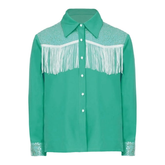 YiZYiF Western Cowgirl Costume for Girls Retro Tassel Shirt Long Sleeve Sequin Button Down Blouse Green 12