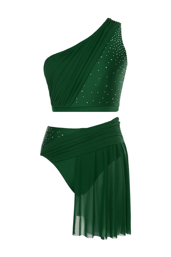 Women 2 Piece Lyrical Dance Costumes Rhinestones Crop Top with Skirted Bottoms Dancewear Set Green S