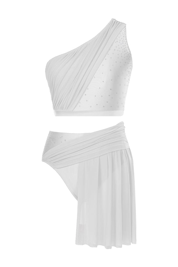 Women 2 Piece Lyrical Dance Costumes Rhinestones Crop Top with Skirted Bottoms Dancewear Set White S