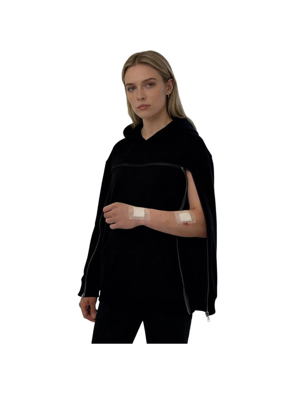 Women Adaptive Hoodie Arm Hidden Zipper Long Sleeve Hooded Sweatshirts for Post Surgery Dialysis Recovery Black S
