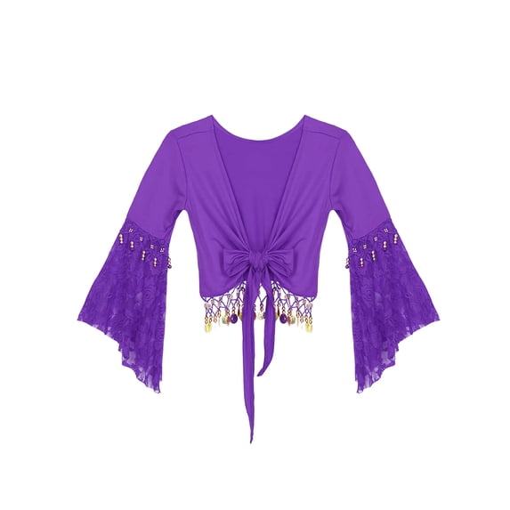 YiZYiF Women Belly Dance Tops Flare Sleeve Tassels Cover-Up Lace Crop Tops Cardigan with Bells